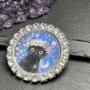 2/$20 Sparkling Night Cat Magnet or Brooch–Black Cat Artisan Designed